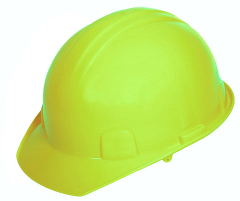 Casco amarillo high visibility tipo cachucha dieléctrico con suspensión plástica.