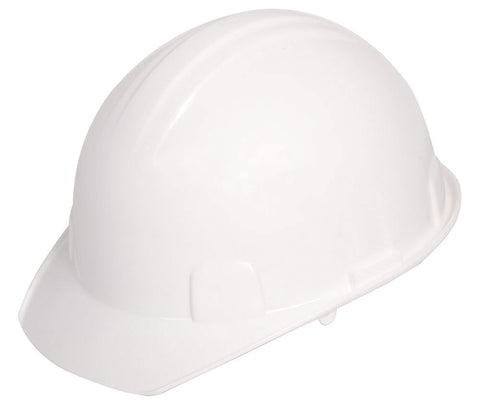 Casco de seguridad blanco tipo cachucha dieléctrico con suspensión textil de 6 puntos